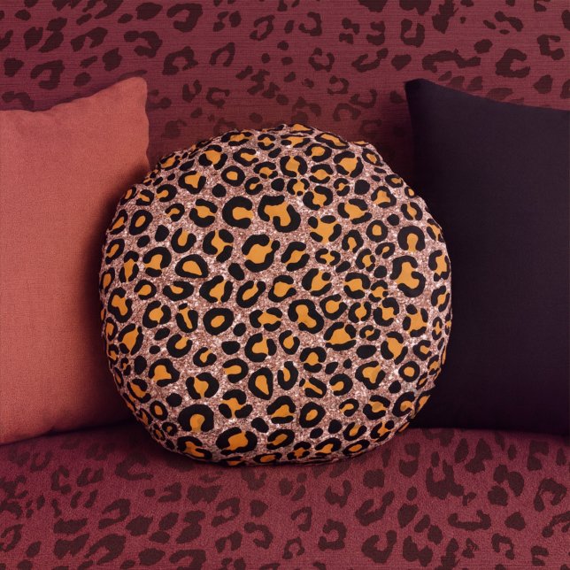 Ro Guld Glitter Leopard Girly Cheetah Mönster Rund Kudde (Skapare uppladdad)