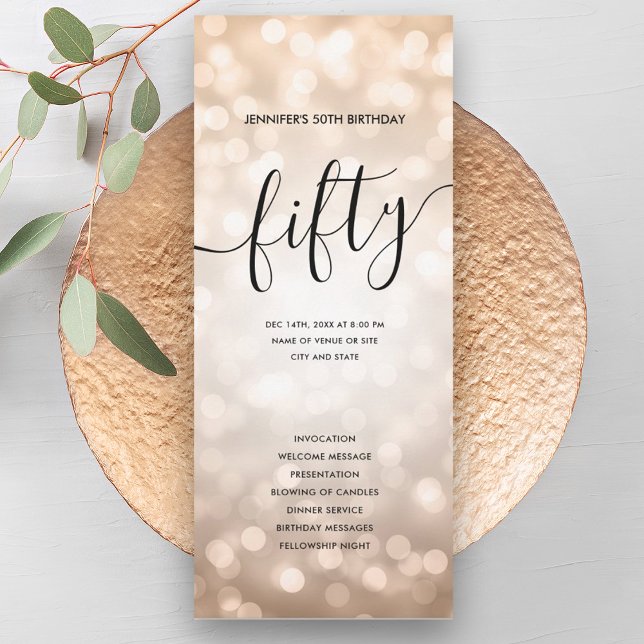 Ro Guld Glitter Ljus 50:e födelsedagsprogrammen Inbjudningar (Rose Gold Glitter Lights 50th Birthday Programs )