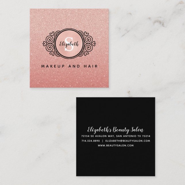 Ro Guld Glitter Makeup Artist Hair Salon Busines Fyrkantigt Visitkort (Fram/baksida)
