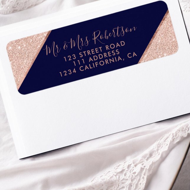Ro guld glitter, manusskript marblå bröllop returadress etikett (Rose gold glitter ombre script navy blue wedding label)