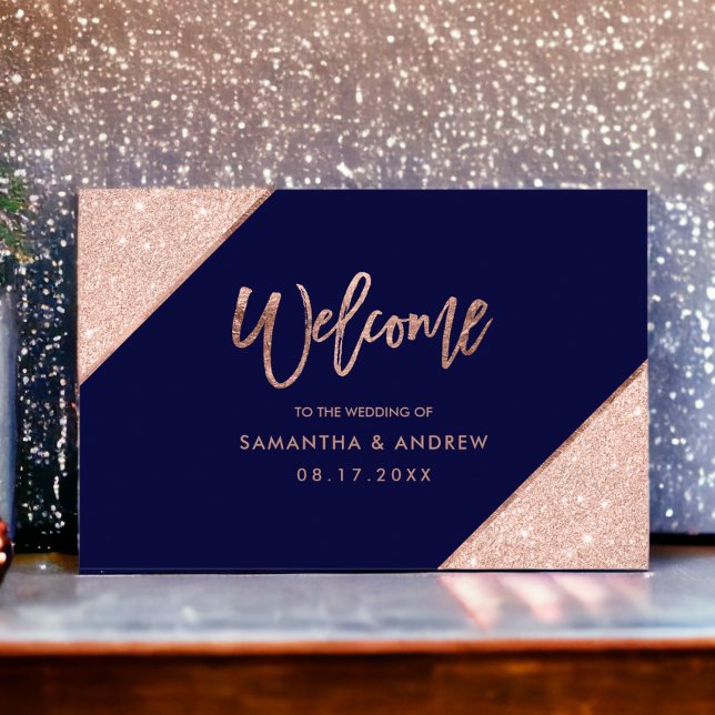 Ro guld glitter, marblått bröllop poster (Rose gold glitter navy blue wedding welcome poster)