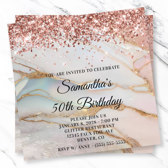Ro Guld Glitter MarLED Opal 50:e födelsedag Inbjudningar (Rose Gold Glitter Marbled Opal 50th Birthday Invitation)