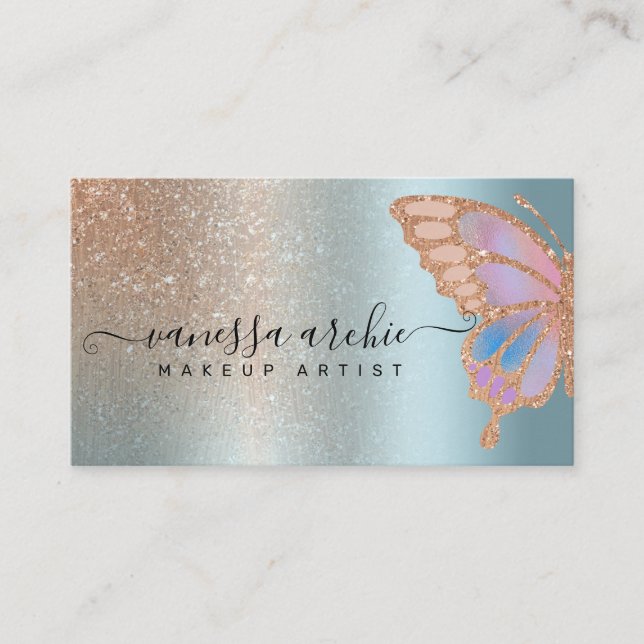 Ro Guld Glitter Metallic Foil Rainbow Butterfly  Visitkort (Framsida)