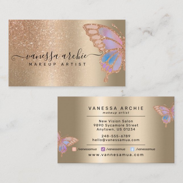 Ro Guld Glitter Metallic Foil Rainbow Butterfly  Visitkort (Fram/baksida)