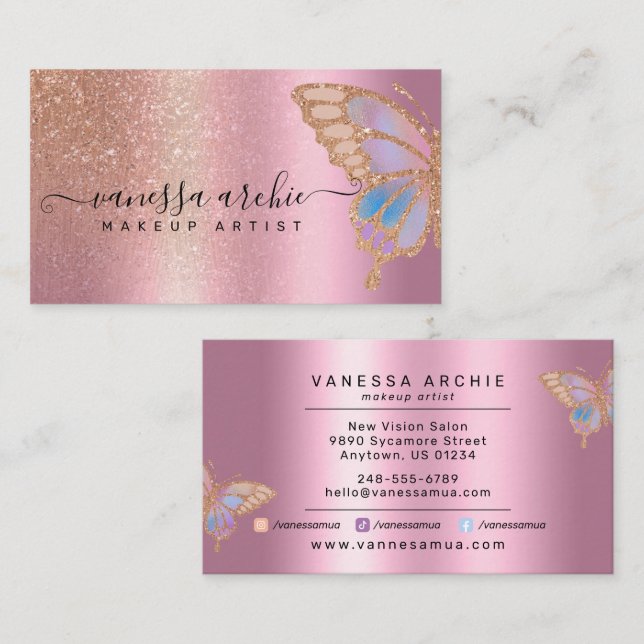 Ro Guld Glitter Metallic Foil Rainbow Butterfly  Visitkort (Fram/baksida)