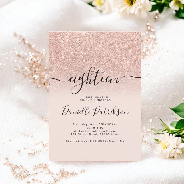 Ro guld glitter-miniatyrdiagram rosa ombre 18 inbjudningar (Rose gold glitter sparkles pink ombre eighteen invitation)