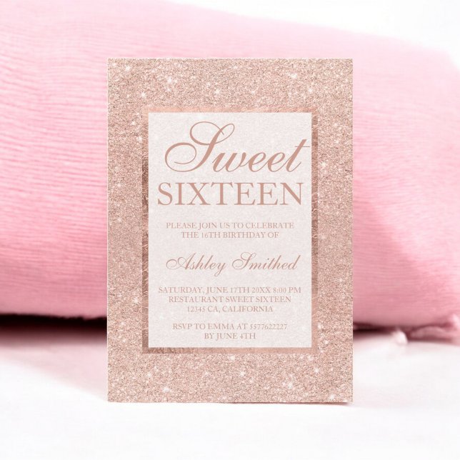 Ro guld glitter, modern chic för elegant 16 inbjudningar (Rose gold glitter modern elegant chic Sweet 16 Invitation)