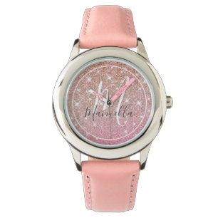 Ro Guld Glitter Monogrammed Girly-Rosa Armbandsur