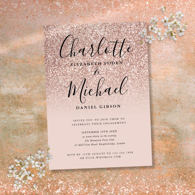 Ro Guld Glitter Namnteckning Förlovningsfest Inbjudningar (Rose Gold Glitter Signature Engagement Party Invitation)