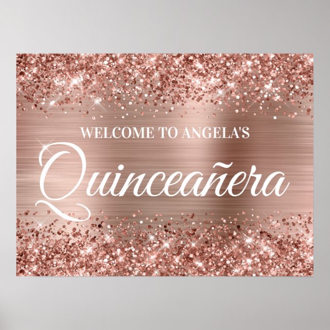 Ro Guld Glitter och Foil Quinceanera Välkommen Poster (Framsidan)