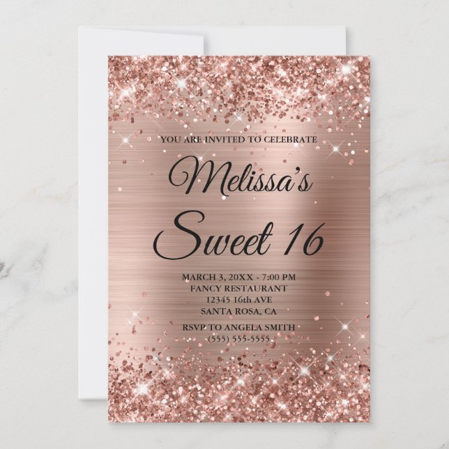 Ro Guld Glitter och Foil Sweet 16 Finare Monogram Inbjudningar (Framsida)