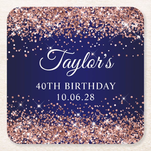 Ro Guld Glitter och marinblått 40:e födelsedag Underlägg Papper Kvadrat (Framsidan)