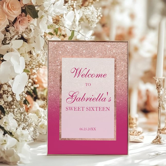 Ro Guld Glitter och Rosa Ombre Sweet 16 Välkommen Poster (Rose Gold Glitter and Pink Ombre Sweet 16 Welcome Poster)