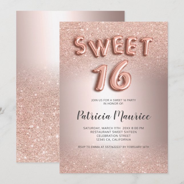 Ro guld glitter ombre brev metalliskt sötat 16 inbjudningar (Fram/baksida)