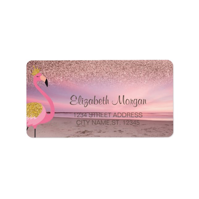 Ro Guld Glitter Ombre Rosa Flamingo Beach Adressetikett (Framsidan)