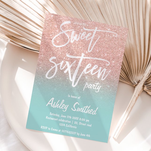 Ro guld glitter ombre teal typografi Söt 16 Inbjudningar (Skapare uppladdad)