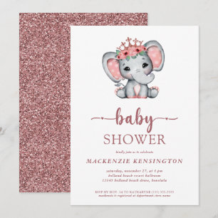 Ro Guld Glitter Princess Elephant Flicka Inbjudningar