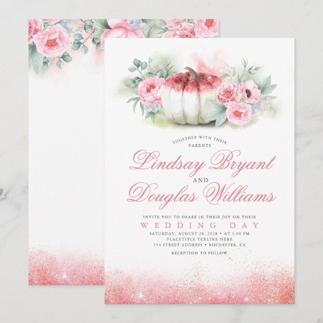 Ro Guld Glitter Pumpkin Fall Wedding bjudande Inbjudningar (Fram/baksida)