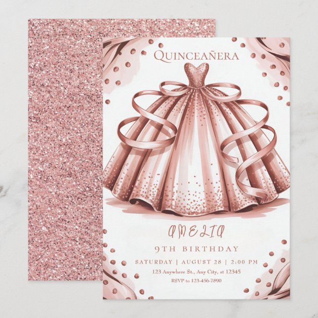 Ro Guld Glitter Quinceañera Inbjudningar (Fram/baksida)