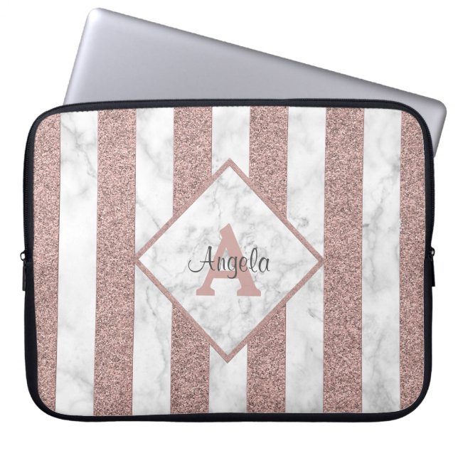 Ro Guld Glitter Rand Marble Monogram-skript Laptop Fodral (Framsidan)