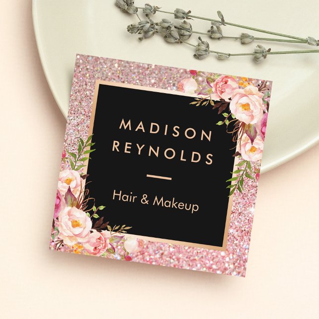 Ro Guld Glitter Rosa  Blommigt Beauty Salon Fyrkantigt Visitkort (Skapare uppladdad)
