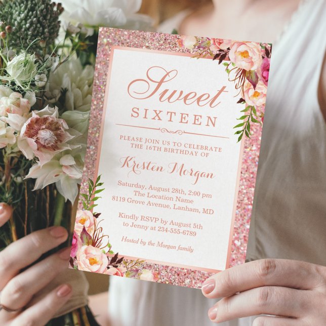 Ro Guld Glitter Rosa Blommigt  Söt 16 födelsedagar Inbjudningar (Skapare uppladdad)