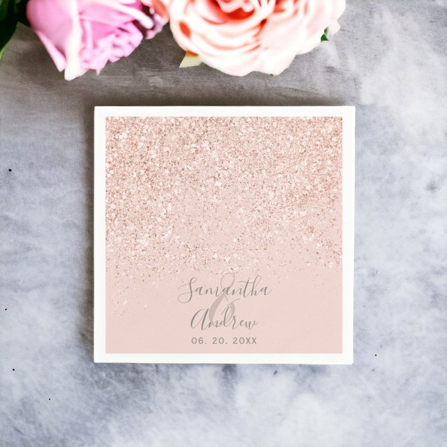 Ro guld glitter,  rosa, bröllop pappersservett (Rose gold glitter blush pink typography wedding napkins)