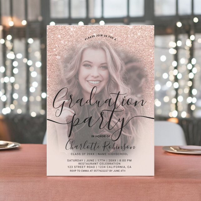 Ro guld glitter rosa  om 3 foton studenten inbjudningar (Rose gold glitter pink ombre 3 photos graduation invitation)