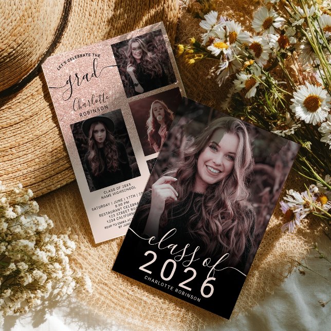 Ro guld glitter rosa  om 5 foton studenten inbjudningar (Rose gold glitter pink ombre 5 photos graduation invitation)