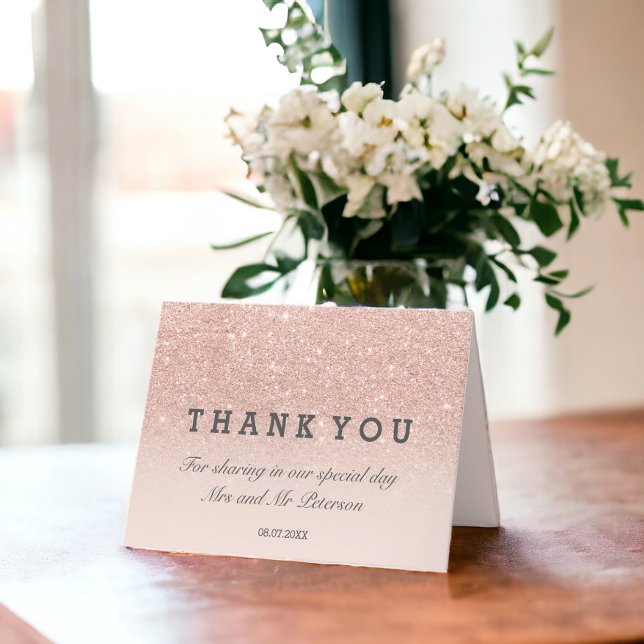 Ro guld glitter rosa om  i Tack bröllop Kort (Rose gold glitter pink ombre Thank you wedding Card)