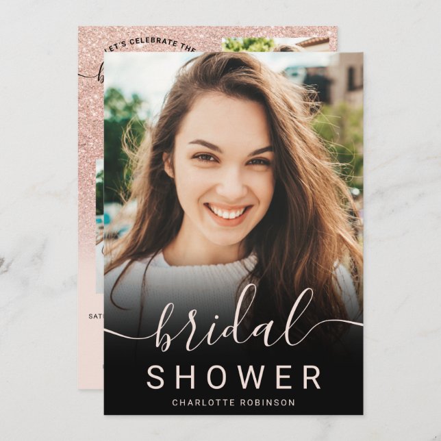 Ro guld glitter rosa  ombre 5 möhippa foto inbjudningar (Fram/baksida)