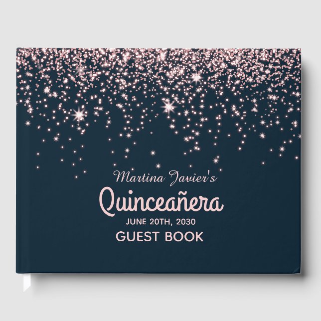 Ro Guld Glitter Rosa Quinceañera 15:e födelsedagen Gästböcker (Framsida)