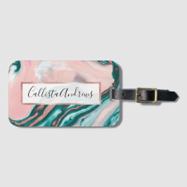 Ro Guld Glitter Rosa Teal Swirly Pable Marble Bagagebricka