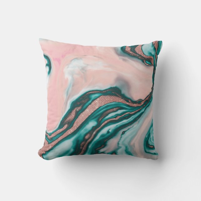 Ro Guld Glitter Rosa Teal Swirly Pable Marble Kudde (Framsida)