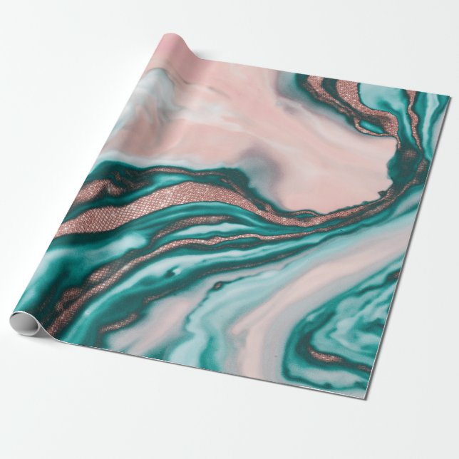 Ro Guld Glitter Rosa Teal Swirly Pable Marble Presentpapper (Utrullad)