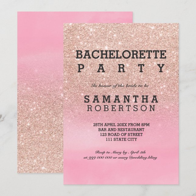 Ro guld glitter rosa vattenfärgsbachelorette inbjudningar (Fram/baksida)
