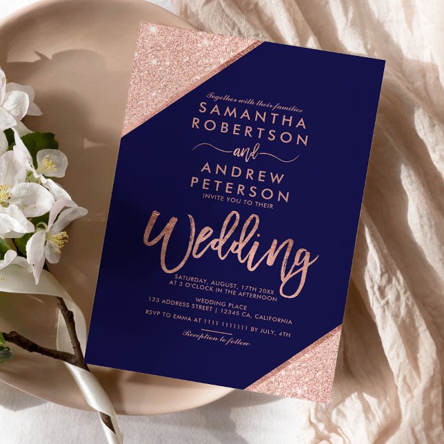 Ro guld glitter, sjöblå budget bröllop (Rose gold glitter typography navy blue wedding invitation)