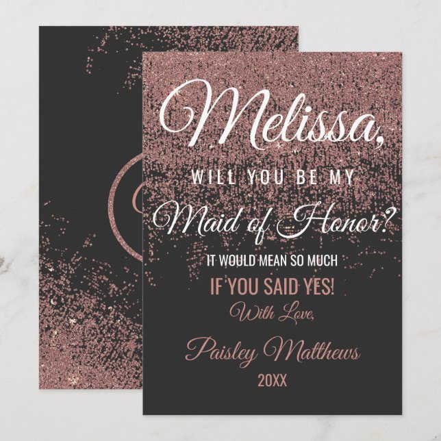 Ro Guld Glitter Sparkles Black Maid of honor Inbjudningar (Fram/baksida)