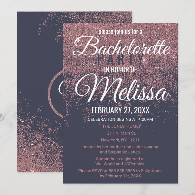 Ro Guld Glitter Sparkles marinblå Bachelorette Inbjudningar (Fram/baksida)