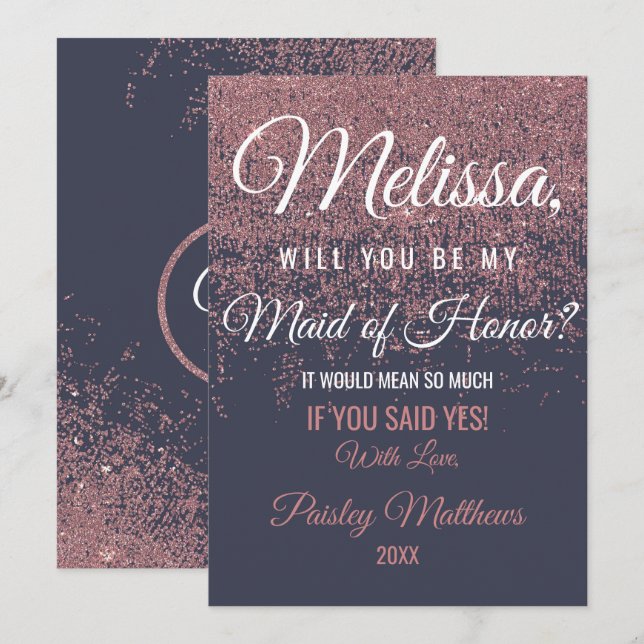 Ro Guld Glitter Sparkles marinblått Maid of honor Inbjudningar (Fram/baksida)