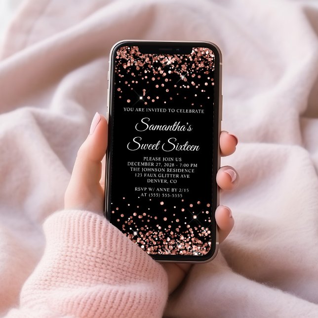 Ro Guld Glitter Svarta Sweet sixteen Inbjudningar (Rose Gold Glitter Black Sweet Sixteen Invitation)