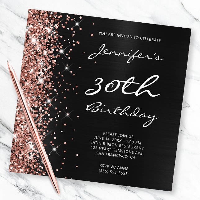 Ro Guld Glitter Svartblanketten Foil 30års födelse Inbjudningar (Skapare uppladdad)