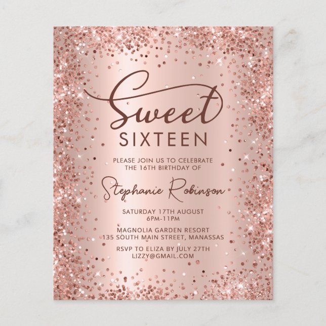 Ro Guld Glitter Sweet 16 födelsedagsinbjudan (Framsida)