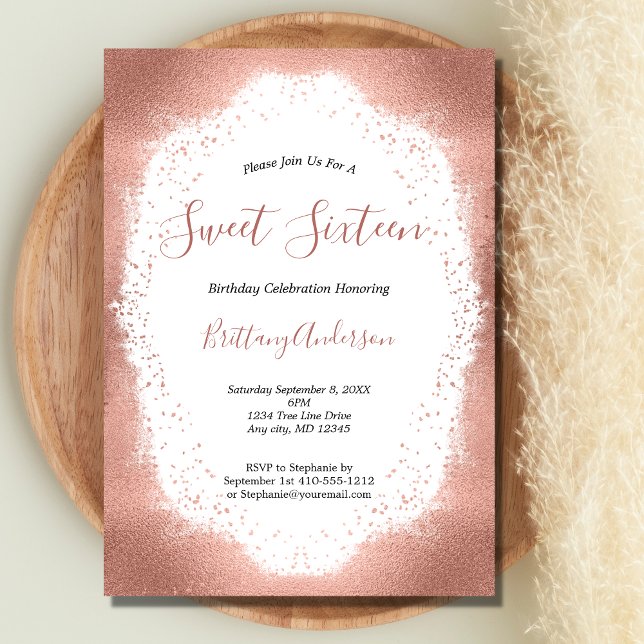 Ro Guld Glitter Sweet sixteen 16 födelsedag 16 Inbjudningar (Rose Gold Glitter Blush Pink Sweet Sixteen 16 Birthday Party Invitation)