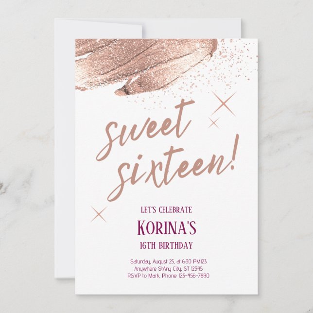 Ro Guld Glitter Sweet sixteen Inbjudningar (Framsida)