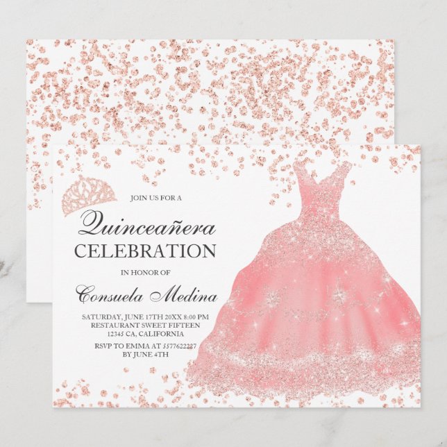 Ro guld glitter  tiara klänning Quinceañera Inbjudningar (Fram/baksida)