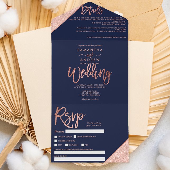 Ro guld glitter, typografi, marinblått bröllop (Skapare uppladdad)