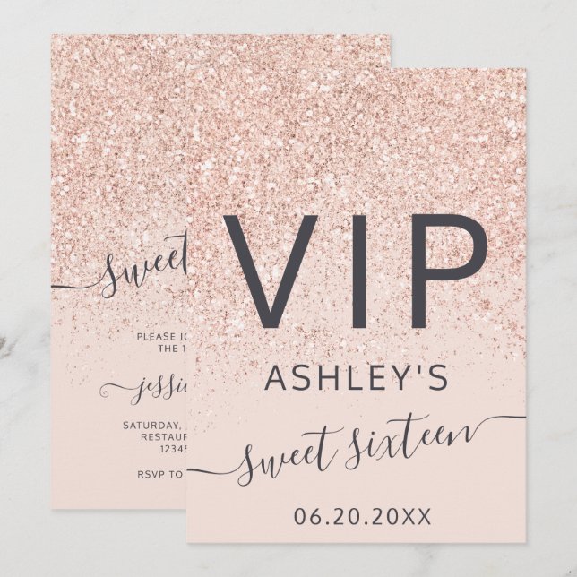 Ro guld glitter typografi rosa VIP Söt 16 Inbjudningar (Fram/baksida)