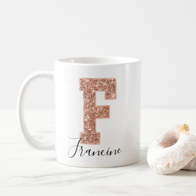 Ro Guld Glitter Varsity Brev Monogram F Kaffemugg (Med munk)