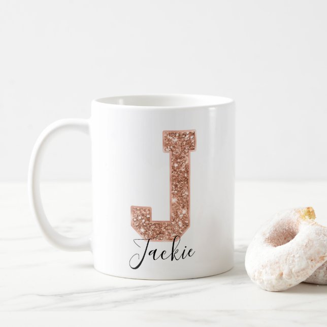 Ro Guld Glitter Varsity Brev Monogram J Kaffemugg (Med munk)